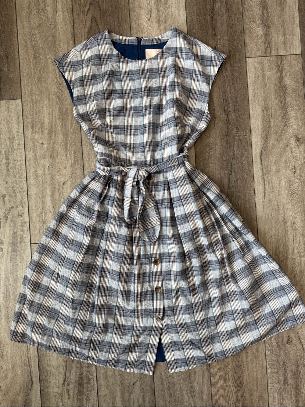 Gal Meets Glam- Blue and Gray Cottagecore Plaid Belted Cotton Dress